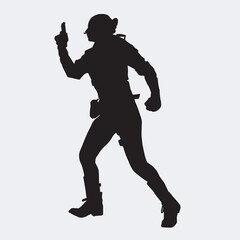 Fototapeta na wymiar Vector silhouette of a female police agent wearing a uniform on a white background