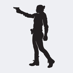 Vector silhouette of a female police agent wearing a uniform on a white background