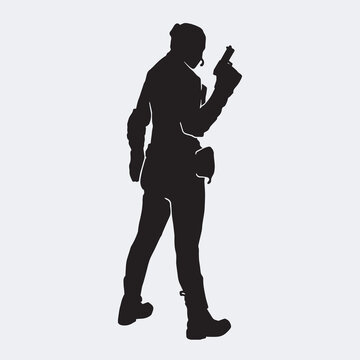 recommend clip art: Vector silhouette of a female police agent wearing a uniform on a white background