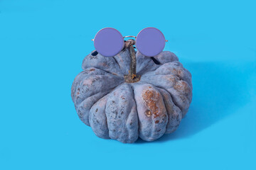 A grey pumpkin with lilac sunglasses against blue background. Surreal minimal creative concept for...