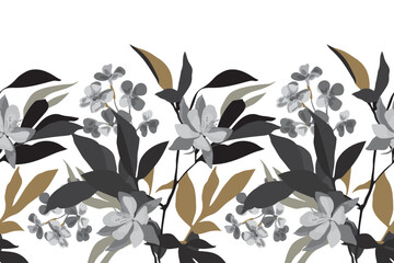 Vector floral seamless pattern, border. Horizontal panoramic design with gray, dark gray and brown flowers and leaves on a white background.