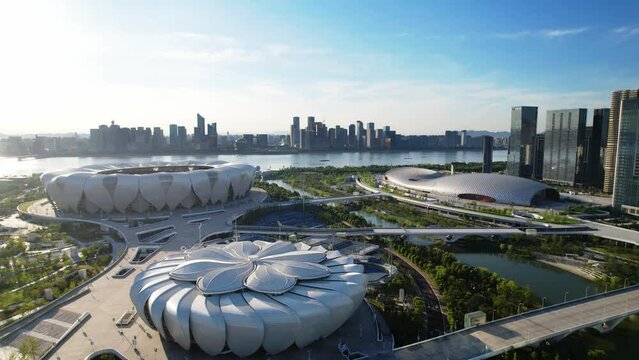 modern buildings near qiantang river in hangzhou binjiang in blue sky