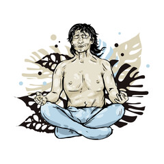 Meditating man in lotus position, meditation - vector illustration