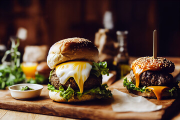 Burger close up with copy space, white melted cheese, artisan golden bun, over old wood oak table.