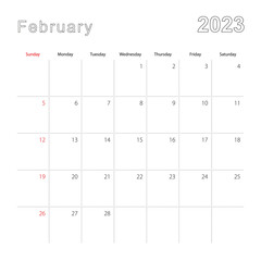 Simple wall calendar for February 2023 with dotted lines. The calendar is in English, week start from Sunday.