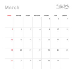 Simple wall calendar for March 2023 with dotted lines. The calendar is in English, week start from Sunday.