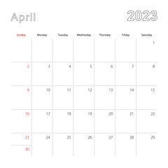 Simple wall calendar for April 2023 with dotted lines. The calendar is in English, week start from Sunday.