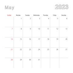 Simple wall calendar for May 2023 with dotted lines. The calendar is in English, week start from Sunday.