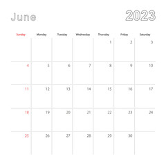 Simple wall calendar for June 2023 with dotted lines. The calendar is in English, week start from Sunday.