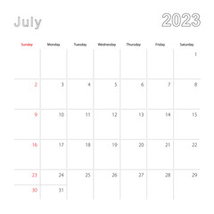 Simple wall calendar for July 2023 with dotted lines. The calendar is in English, week start from Sunday.