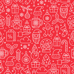 Christmas seamless background. Line icon pattern with angel, Santa, gingerbread man, snowball, snowman, christmas tree and gift box. Winter vector background.