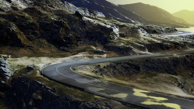 Empty, winding road towards the white sands