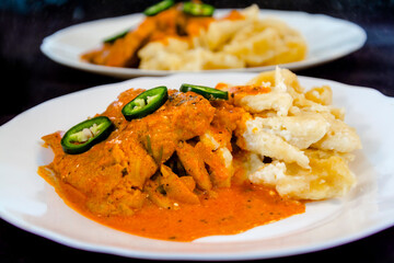 Hungarian style paprika catfish stew is served for lunch
