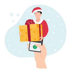 Hand hold mobile phone, smartphone and click on screen. Order a New Year's gift. Happy man in santa hat holding a Christmas gift box. Christmas background. Vector illustration