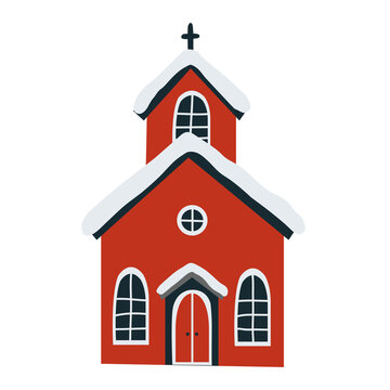 Red Church with snow isolated on a white background. Vector flat illustration.