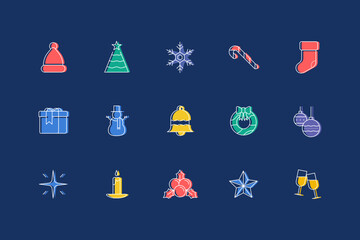 Christmas icons set in neon colors blue background