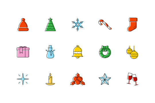 Christmas icons set in primary colors