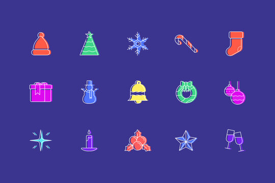 Christmas icons set in neon colors purple background