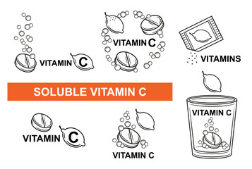 Vitamin C effervescent soluble tablet, fizzy aspirin drug pill medicine dissolve in water with bubbles icon set. Multivitamin, powder pharmaceutical medicament with citrus. Flu treatment. Line vector