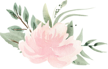 Watercolor Tropical Foliage, Flamingos, Pink Flowers, Peonies, Roses, Palm Leaves