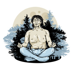 Meditating man in lotus position, meditation - vector illustration