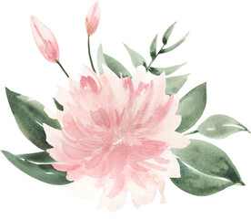 Watercolor Tropical Foliage, Flamingos, Pink Flowers, Peonies, Roses, Palm Leaves