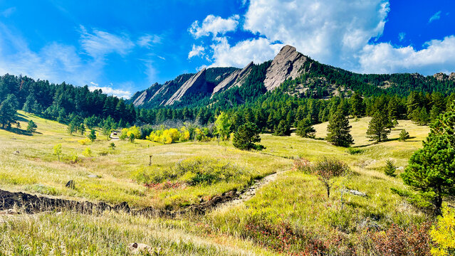 FlatIron mountain, Boulder, Colorado landscape with sky in the fall horizontal