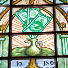 Close-up view of color painting on window. Three banknotes growing from vase. Abstract finance and economy concept.