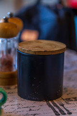 Close-up of a sugar container on the table