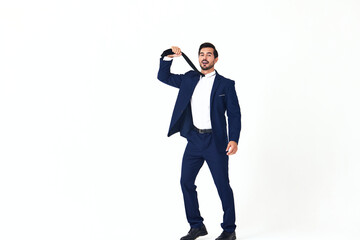 Man business smile with teeth in costume running and jumping flying up open mouth happiness and surprise full-length on white isolated background copy space 