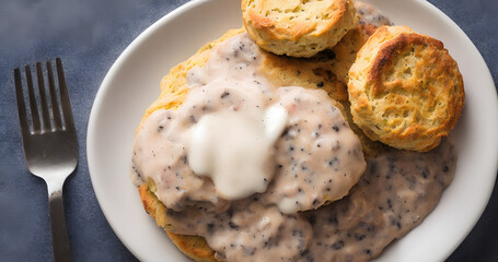 Fototapeta premium biscuits and gravy, breakfast food item, a yummy and savory meal