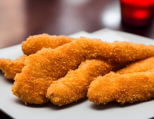 picture of chicken tenders, made of processed meat, a tasty fast food, savory