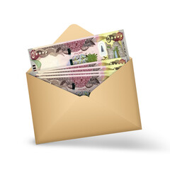 Kuwaiti dinar notes inside an open brown envelope. 3D illustration of money in an open envelope