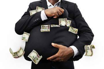 Black Businessman holding black bag full of Iraqi dinar notes isolated on white background, money...