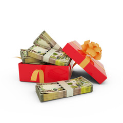 Stack of Iraqi dinar notes inside an open red gift box. Bundles of Iraqi dinar inside a gift box. 3d rendering of money inside box isolated on white background