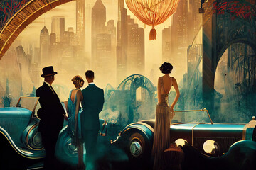 Cyfrowa retro ilustracja bogatych ludzi stojących na zewnątrz obok zabytkowych luksusowych aut - obrazy, fototapety, plakaty