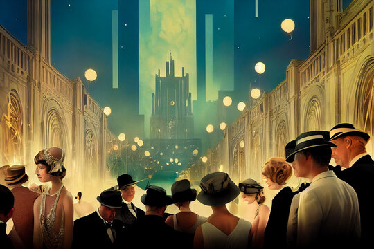 Fantasy concept art of a luxury retro party in a 1920's style mansion. Cinematic vintage scene of a great ball illuminated interior with partygoing guests in a luxurious feast.