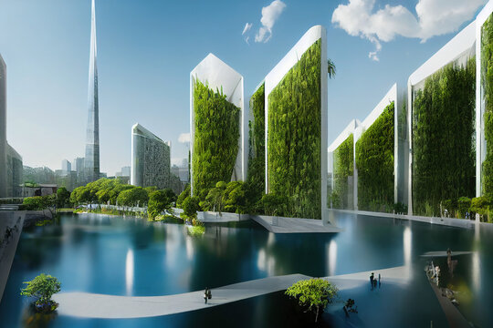 3D digital illustration of futuristic sustainable houses. Future city with vertical gardens on skyscraper buildings. Green trees and vegetation on buildings. Environmentally friendly architecture.