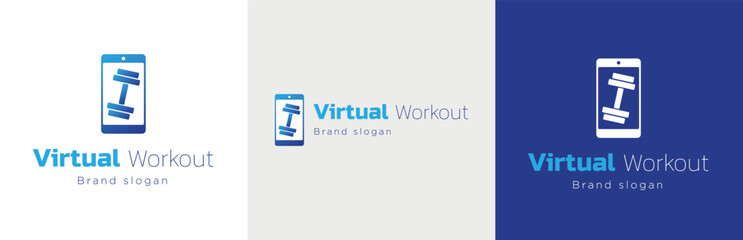 Virtual fitness logo design set, online exercise lesson business symbol, aerobics video instructor emblem concept, web activity editable commercial logotype, sports class, dumbbell branding, isolated