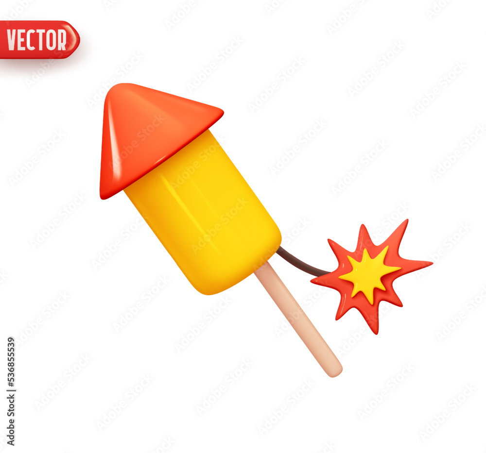 Canvas Prints Fireworks on stick with spark of decor for holiday. Firecracker rocket launcher. Realistic 3d design element In plastic cartoon style. Icon isolated on white background. vector illustration