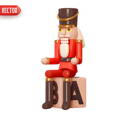 Christmas Soldier Nutcrackers. Xmas toy is soldier sits on cube of letters. Isolated on white background. Realistic 3d character in cartoon style. vector illustration