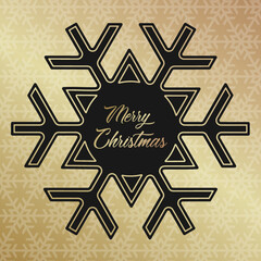 Holiday card with large snowflake and text Merry Christmas on the black background with golden frame. Luxury design for your postcard, banner, poster, wallpaper or cover.