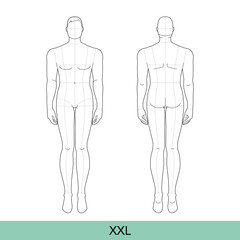 Set of XXL Size Men Fashion template 9 head size with main line Croquis extra large plus size Gentlemen model Curvy body figure front, back view. Vector outline boy for Fashion Design, Illustration