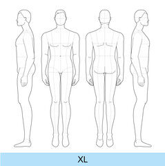 Set of XL Size Men Fashion template extra large 9 head with main line plus size Gentlemen model Curvy body figure front, side, back view. Vector boy for Fashion Design, Illustration, technical drawing