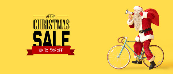 Santa Claus with megaphone riding bicycle and text CHRISTMAS SALE on yellow background