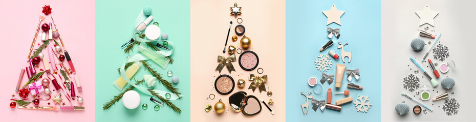 Collage of Christmas trees made of makeup cosmetics and decor on color background