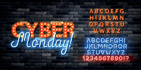 Vector realistic isolated neon sign of Cyber Monday logo with easy to change color alphabet font on the wall background.
