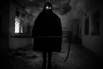 death with scythe standing in the dark hall of abandoned building.
