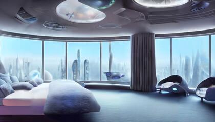 futuristic bedroom, luxurious room with panorama windows