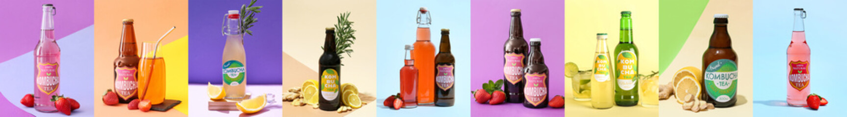 Collage of bottles with fresh kombucha drink on color background